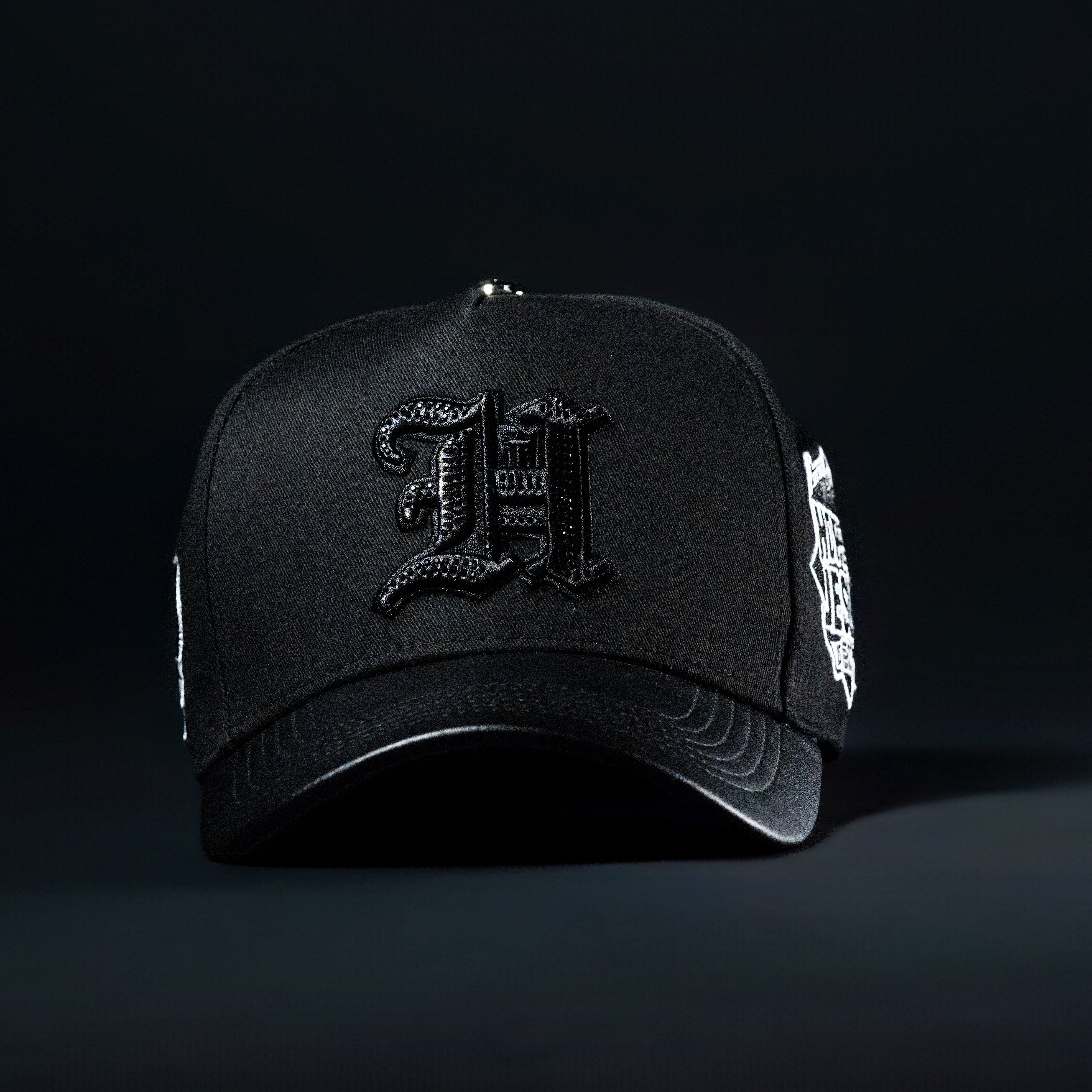 All Black Leather Brim Rhine Stone Hat